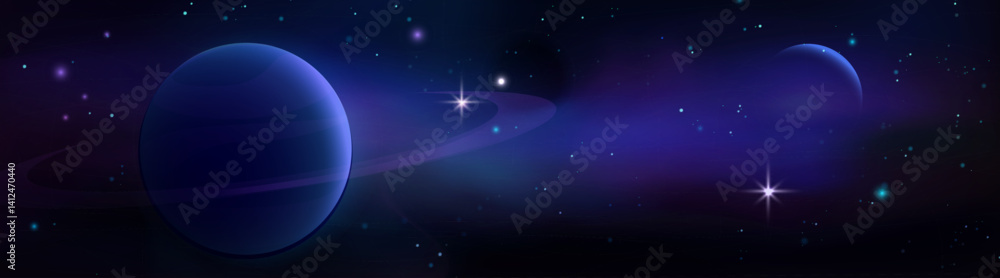 Fototapeta premium Space planet nebula background - deep cosmos scene with glowing celestial bodies, mysterious starlight, ethereal clouds and luminous comets. Astronomy intergalactic landscape. Universe exploration.