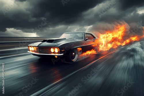 Blazing Asphalt: A powerful black muscle car tears through a rain-soaked asphalt highway, leaving a fiery trail in its wake, a thrilling spectacle of speed and power. 