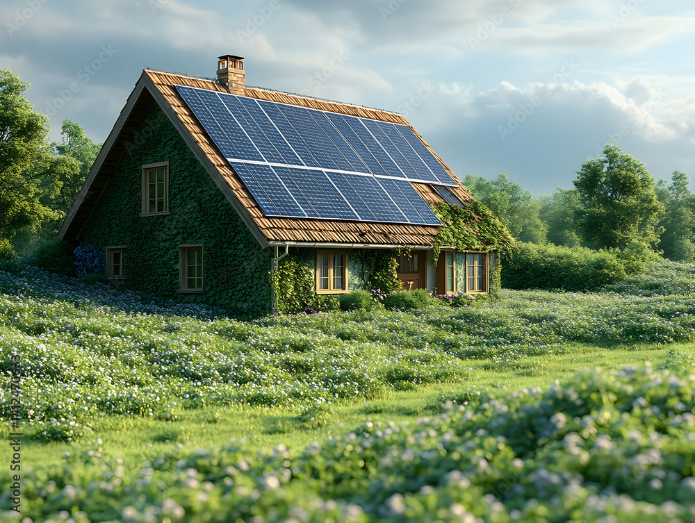 Eco House 3D Render: Solar Panels and Ivy