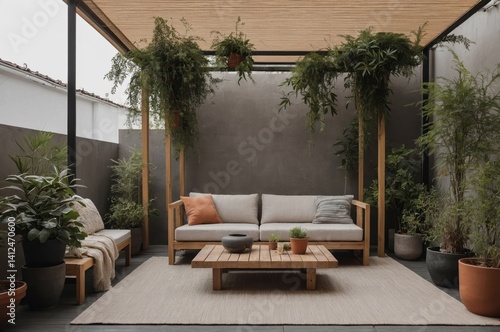 A relaxing outdoor seating area surrounded by beautiful plants