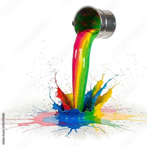 Bunter Farbeimer wird ausgeschüttet und erzeugt dynamische Farbspritzer in Regenbogenfarben auf weißem Hintergrund