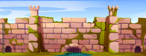 Medieval ancient castle wall with mossy stone brick and fortification towers. Kingdom gateway border, defensive structure in fantasy landscape. Design element for game background, rpg location.