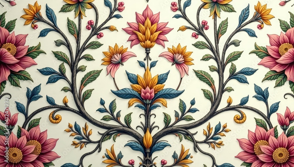 Intricate floral damask pattern in muted tones, texture, aesthetic, vintage Intricate floral damask pattern in muted tones, texture, aesthetic, vintage