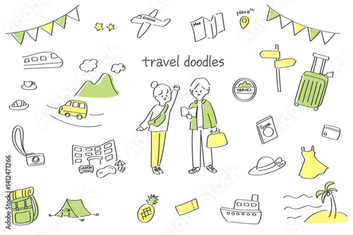 線画の旅行・レジャーイラストセット　手書きの可愛いイラスト