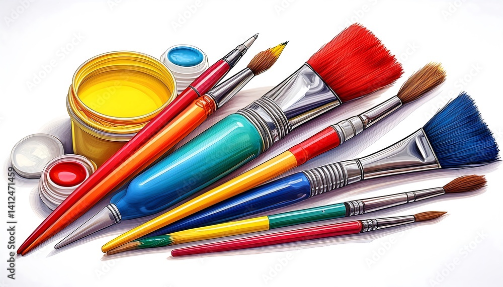 Fototapeta premium Vibrant Collection of Art Supplies with Brushes and Paints on White Background for Creative Projects