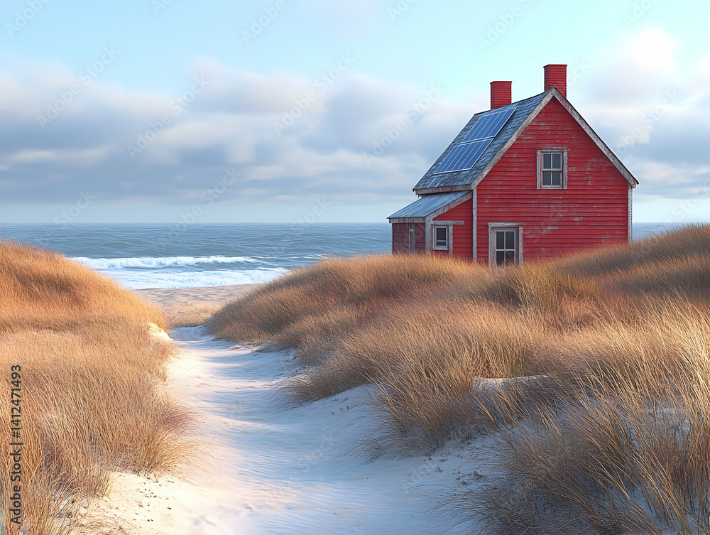 Red Beach House 3D Illustration
