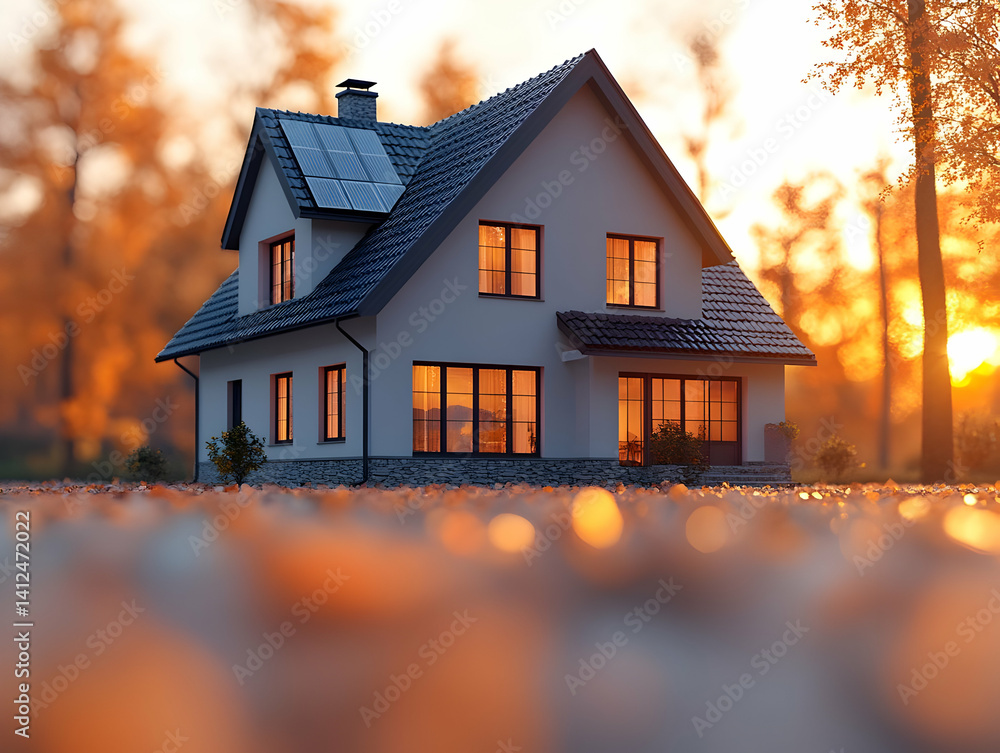 Autumn Sunset House 3D Render