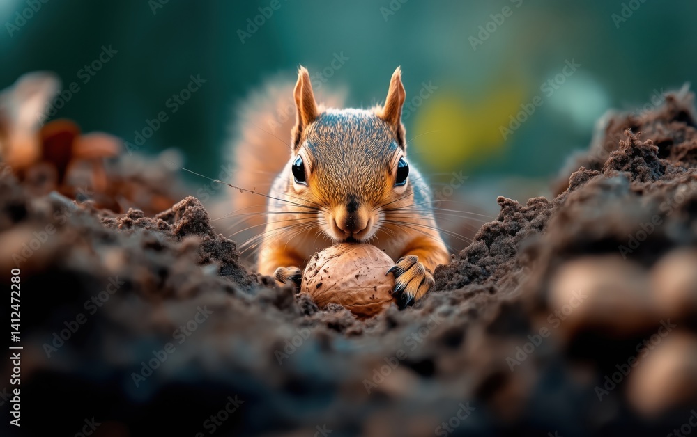 Fototapeta premium Close-up of a Squirrel with a Nut in the Forest