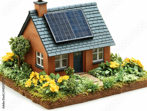 Brick House with Solar Panels 3D Illustration