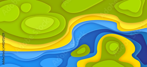 Topography papercut style background with multi colored layered waves. Bright vibrant blue, yellow and green flowing curved shapes, abstract paper cut art. Wavy lines texture, vector topographic map.