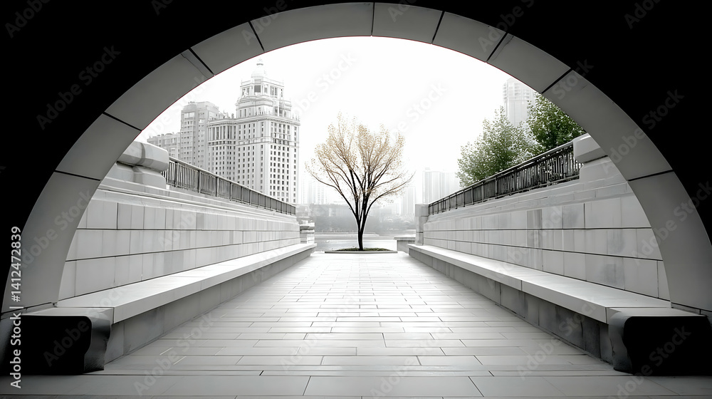 Obraz premium Arched passageway reveals a lone tree and cityscape in misty weather