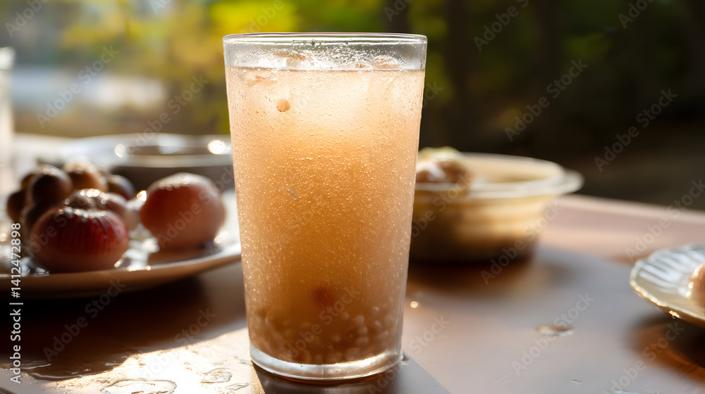 Refreshing Sweet Drink with Chestnut and Tapioca Pearls in Glass Served on Table Surrounded by Snacks Refreshing Sweet Drink with Chestnut and Tapioca Pearls in Glass Served on Table Surrounded by Snacks