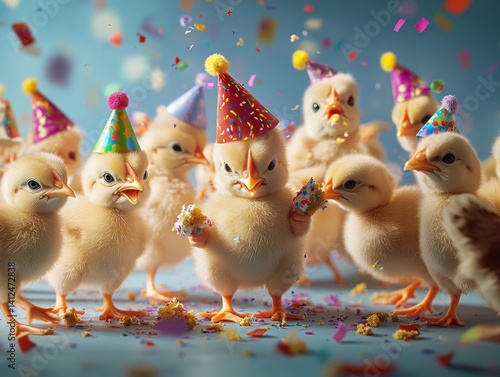Feathery Fiesta: A gathering of cheerful chicks, each sporting a festive party hat, immersed in a flurry of colorful confetti, creating an atmosphere of pure joy and celebration.