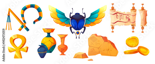 Ancient Egypt artifacts set - stone hieroglyph fragments and scarab beetle, ankh cross and parchment scroll, colorful ceramic vase and golden coins, ankh cross and Egyptian pharaoh crook and flail.