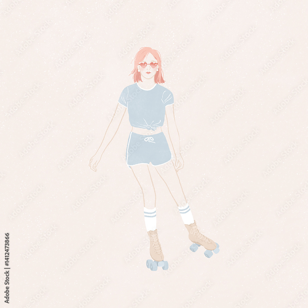 young stylish trendy gen z fashion Asian Korean Japanese American woman roller skating girl with cute pink hairstyle OOTD retro spring & summer look beach vibes urban city vibes pastel background young stylish trendy gen z fashion Asian Korean Japanese American woman roller skating girl with cute pink hairstyle OOTD retro spring & summer look beach vibes urban city vibes pastel background