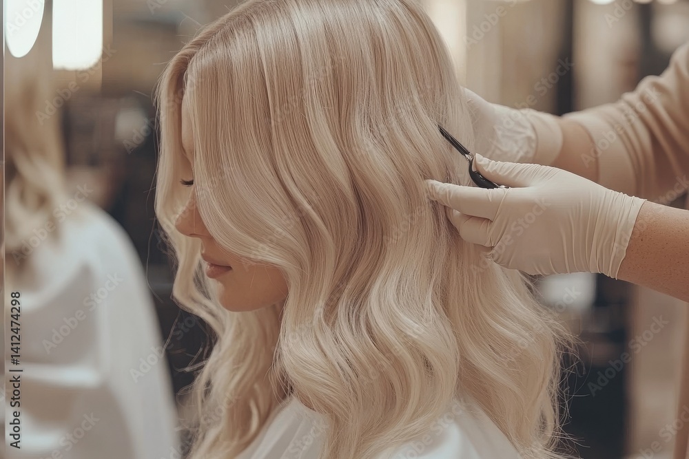 Fototapeta premium A blonde girl is having her hair done by a professional hairdresser at the beauty salon as she readies herself for work, shown from the back to highlight her lengthy hair
