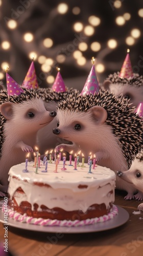 Hedgehog Birthday Celebration: A heartwarming scene unfolds as adorable hedgehogs gather around a festive birthday cake, donning party hats and reveling in the joyful occasion. 