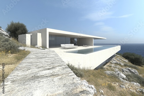 This luxury villa features a pool and outdoor lounge area overlooking the sea, along with a description also provided in French, piscine d'une villa luxueuse et son salon extérieur avec vue mer