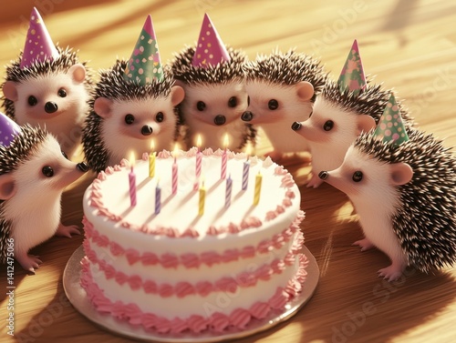 Hedgehog Birthday Celebration: An endearing group of hedgehogs gather around a vibrantly decorated birthday cake, the soft glow of the candles reflecting the joyous atmosphere of the occasion.