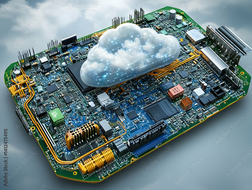 Cloud Computing Circuit Board 3D Illustration