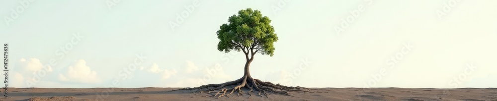 Fototapeta premium Single isolated tree branch with roots exposed, rugged, tree, simple