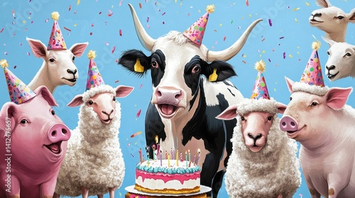 Birthday Party Celebration: A lively birthday scene featuring cheerful animals gathered around a delicious cake, adorned with festive hats, confetti adding to the joyful atmosphere.