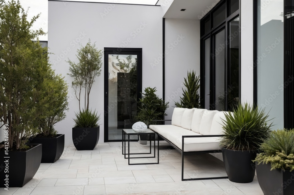 Fototapeta premium A modern minimalist outdoor space with plants and seating area