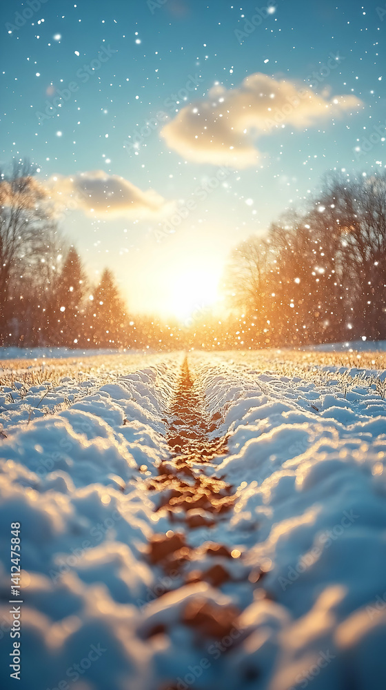 Snowy Path Sunset Winter Background