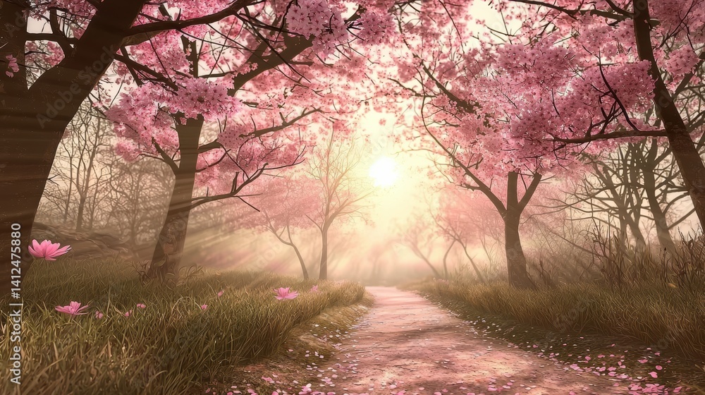 Exploring blooming cherry blossom trail at sunrise nature scene serene landscape tranquil environment Exploring blooming cherry blossom trail at sunrise nature scene serene landscape tranquil environment