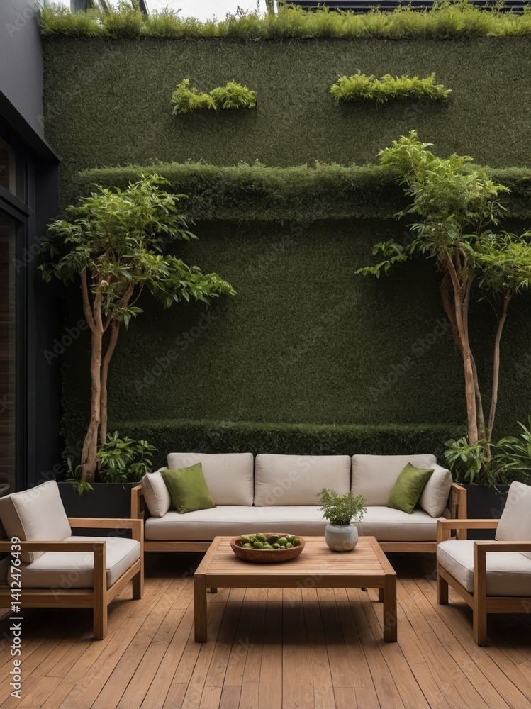 Obraz premium A stylish outdoor patio with a green hedge and furniture
