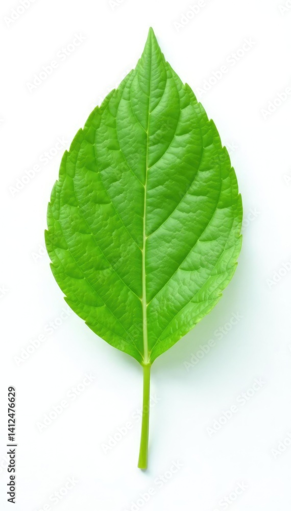 Single leaf isolated on white background with subtle texture and veins, single stem, herbaceous Single leaf isolated on white background with subtle texture and veins, single stem, herbaceous