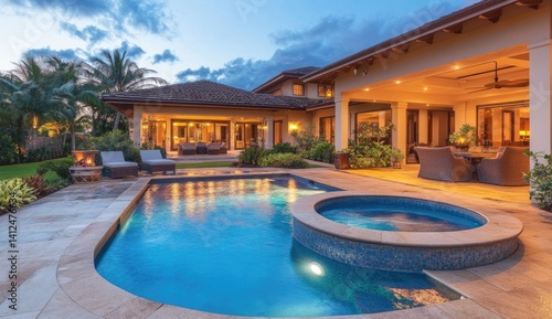 Luxurious backyard retreat with swimming pool and spa.  Outdoor living space, featuring a large swimming pool, a spa, covered patio, and comfortable seating areas, creating a tranquil oasis.