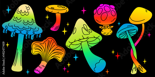 Psychedelic mushroom illustrations set - colorful neon magical fungi, hallucinogenic luminous toadstools. Trippy visionary fairytale clipart isolated on black background. Vibrant hippie shroom drawing