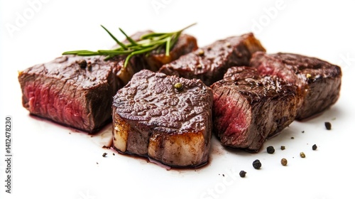 Juicy Grilled Beef Steak with Garnish on White Background