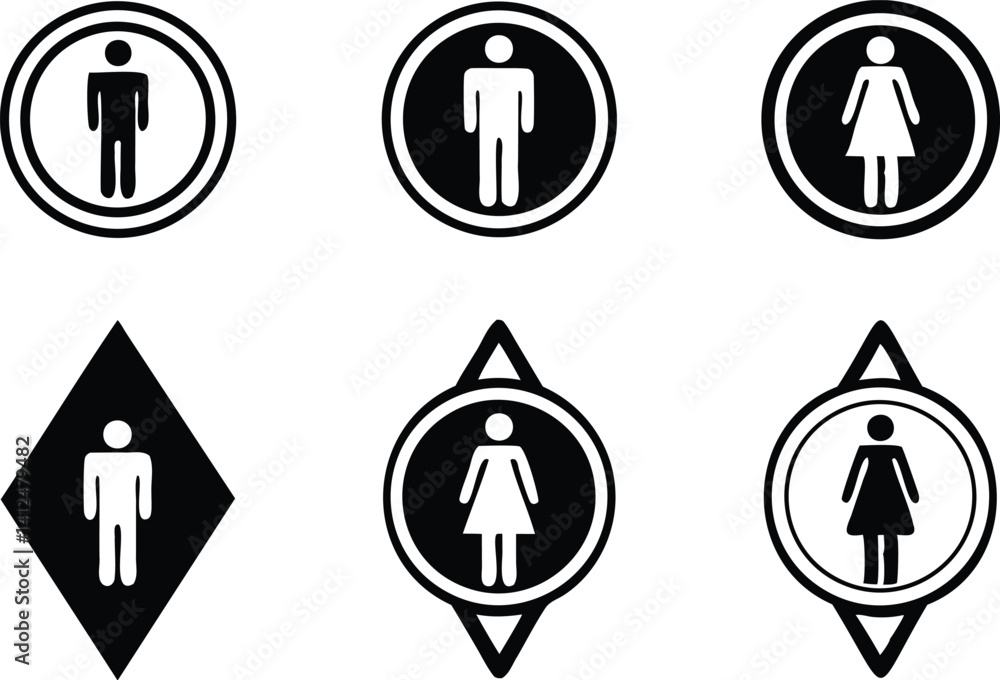 Vector set of male and female restroom icons displayed in geometric shapes including circles, diamonds, and pointed frames, minimal black and white bathroom signage elements, public use Vector set of male and female restroom icons displayed in geometric shapes including circles, diamonds, and pointed frames, minimal black and white bathroom signage elements, public use
