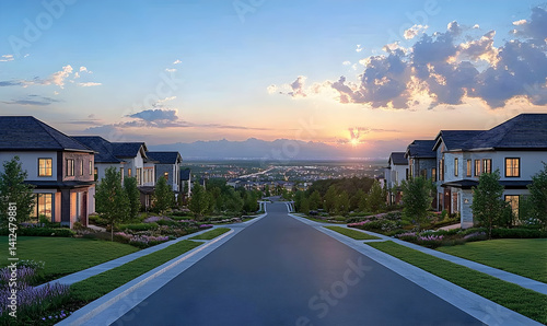 Serene suburban sunset view showcasing modern homes lining a peaceful street with mountains in the background