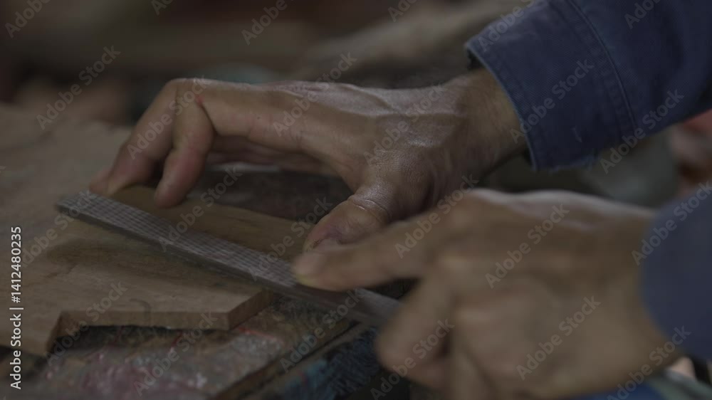 A carpenter uses a tool to scrape the edge of the wood in a handcrafted project. A carpenter uses a tool to scrape the edge of the wood in a handcrafted project.
