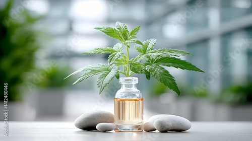 Cannabis plant sprout in glass vial with oil, nestled on smooth stones