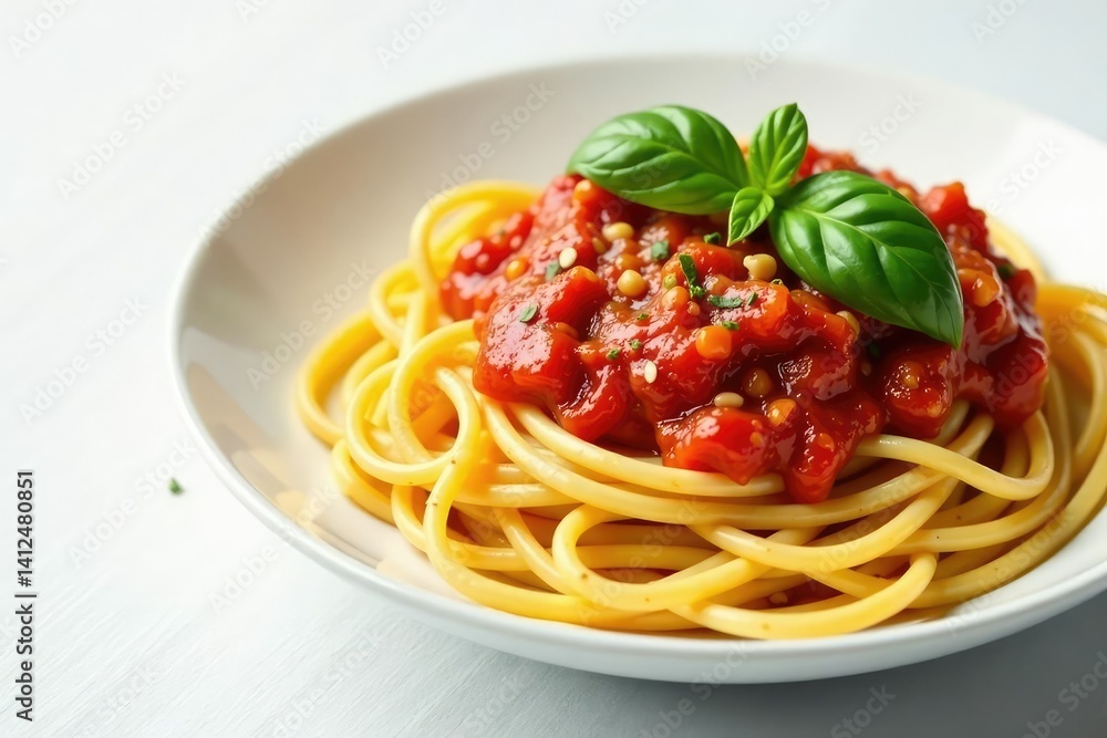 Spaghetti with fresh tomato sauce, basil, white background , culinary art, tomato Spaghetti with fresh tomato sauce, basil, white background , culinary art, tomato
