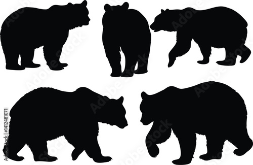 Black and White Bear Silhouettes Vector Set - Wildlife Poses 