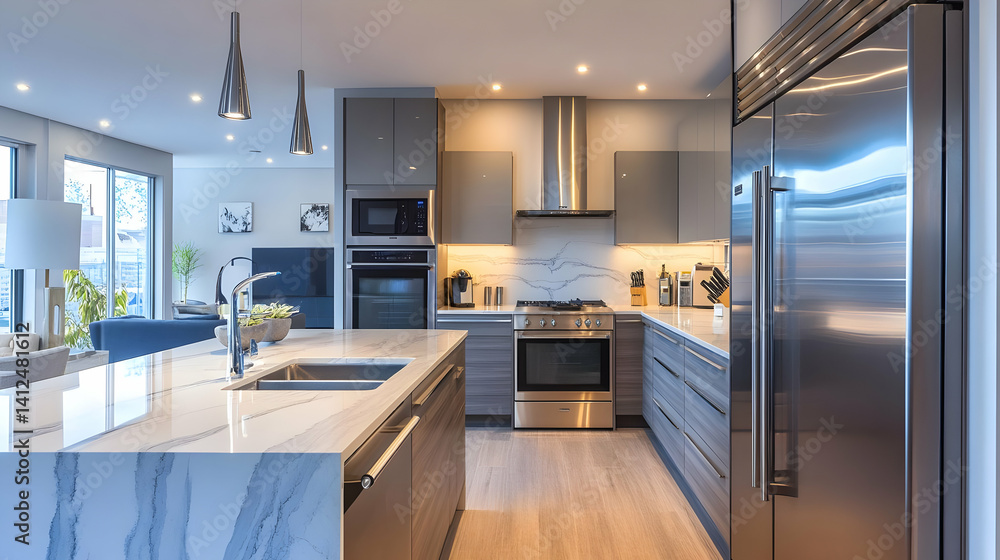 Modern Kitchen Interior with Island Gray Cabinetry and Stainless Steel Appliances Featuring Marble Countertops and Wood Flooring with Natural Light in Neutral Color Scheme Modern Kitchen Interior with Island Gray Cabinetry and Stainless Steel Appliances Featuring Marble Countertops and Wood Flooring with Natural Light in Neutral Color Scheme