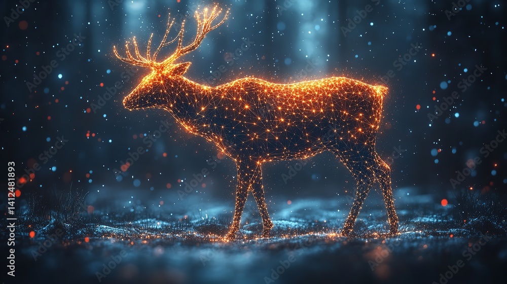 Majestic glowing deer in winter forest digital art vibrant orange and blue hues sparkling bokeh
