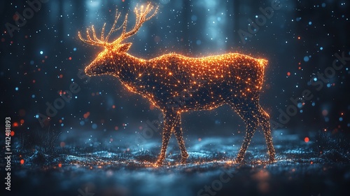 Obraz na płótnie Majestic glowing deer in winter forest digital art vibrant orange and blue hues sparkling bokeh w salonie