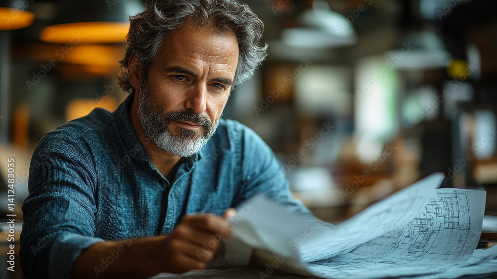 Engineer analyzing blueprints in modern office, focused and thoughtful
