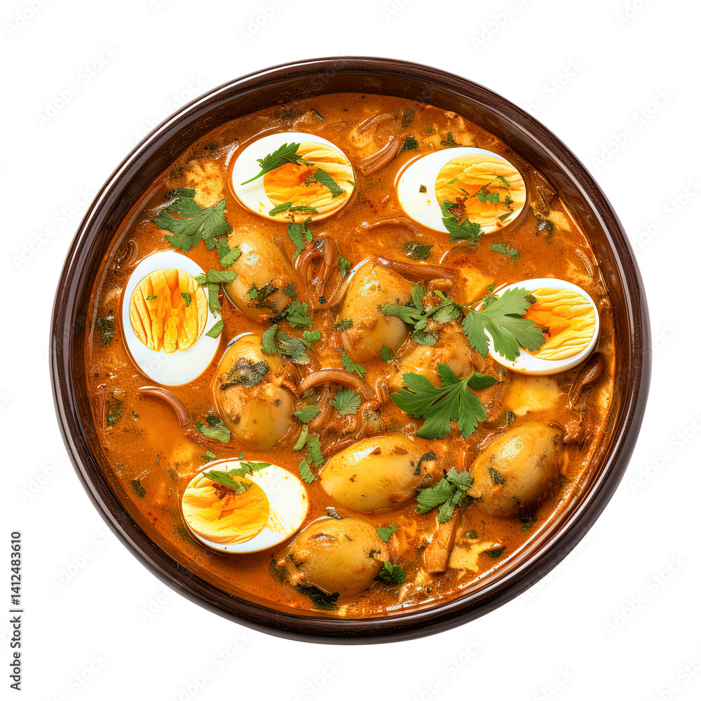 bowl of egg curry isolated on transparent white background, clipping path