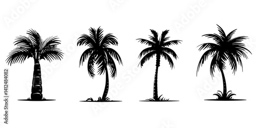 Set of black fill silhouette simple tropical tree or palm tree vector illustration simple hand drawing.