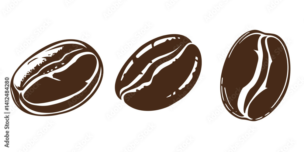 Fototapeta premium Set of brown seed coffee bean out out vector illustration isolate on transparent background.