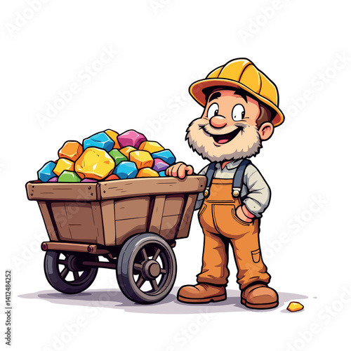 Vsai miner pushing wooden cart full of colorful gemstones
