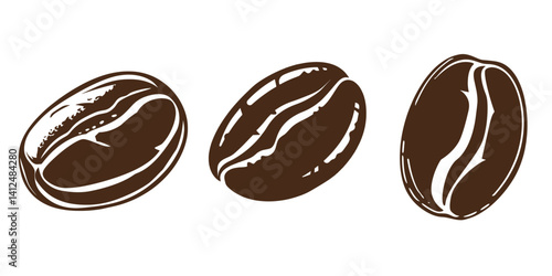 Set of brown seed coffee bean out out vector illustration isolate on transparent background.