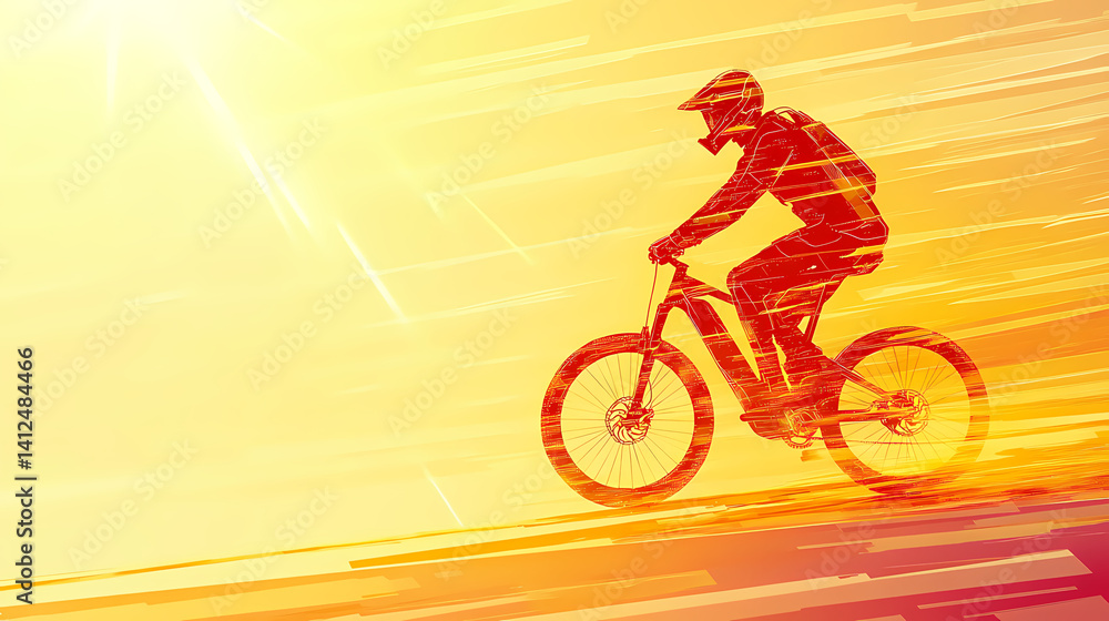 Fototapeta premium Bike Rider: Capture the energy of a mountain biker racing against a vibrant, dynamic, digitally-enhanced background